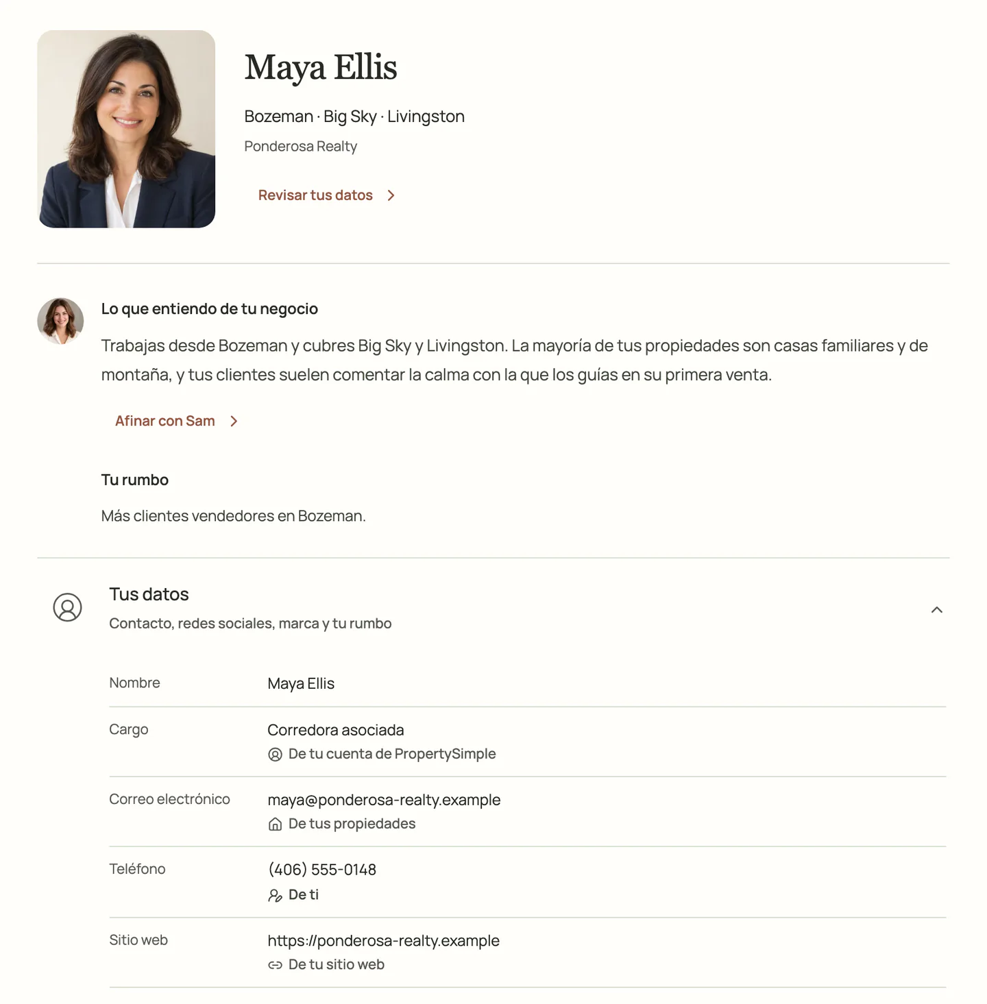 Ejemplo de la página Sobre ti en Social para una agente de muestra, con los datos de su negocio y de dónde viene cada uno