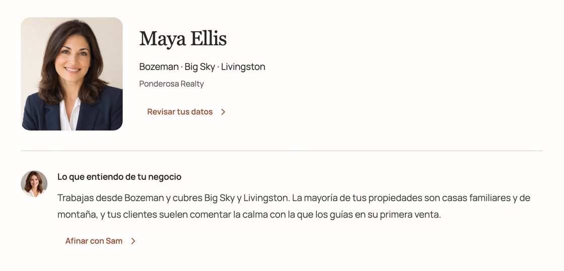 Ejemplo de la página Sobre ti para una agente de muestra